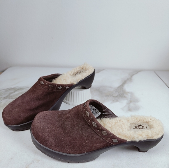 UGG Fiona Brown Suede Shearling Lined Slip On Clogs Mules, Sz 7 - Picture 2 of 10